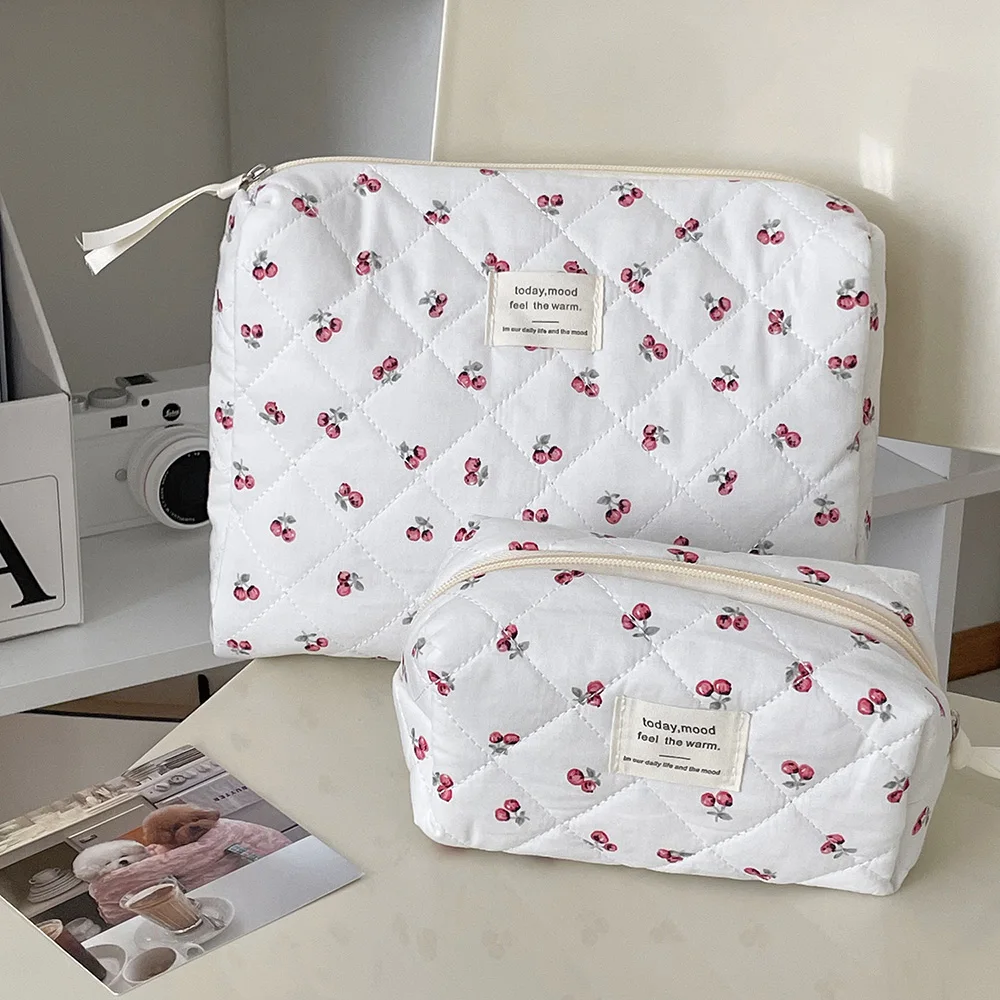 Fashion Cherry Tote Women Makeup Bag Portable Cute Ladies Cosmetic Toiletry Storage Pouch Handbag Cotton Quilted Zipper Bag 4