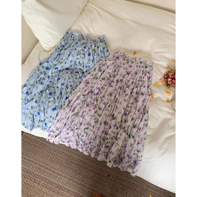 Women's 2024 New Spring Autumn Korean Version Simplicity Loose Casual Versatile Commuter Elastic Waist Pleated Floral Skirt