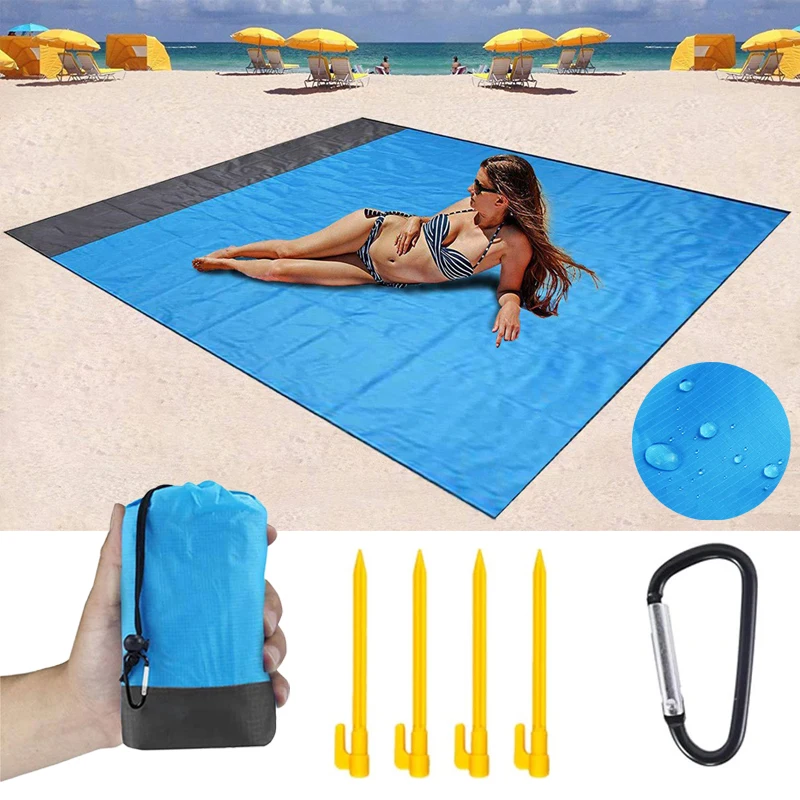 200x210CM Grote strandmat, zandbestendige strandhanddoek, zandwerende stranddeken, opbergvak, winddichte picknickmat met 4 ankers_voghion.com