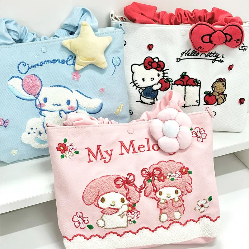 

Мультяшное полотенце Cinnamoroll Kuromi Hello Kitty My Melody Sanrio, вышитая сумка-тоут через плечо с деревянными ушками, аниме игрушка для девочки