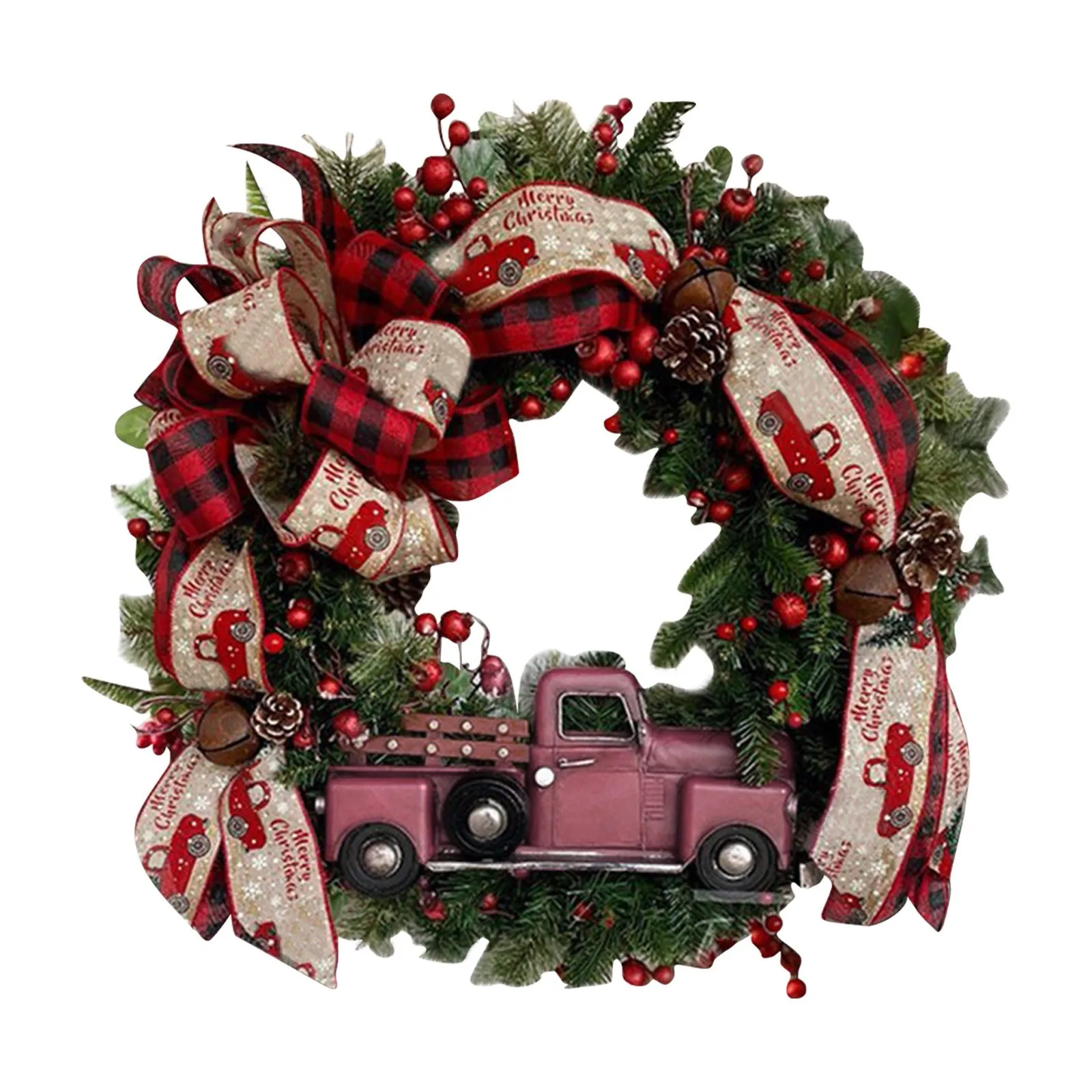 Red Truck Christmas WreathFront Door Of The Garland Decorated With Christmas Decoration Ornaments Printing Holiday Ornaments