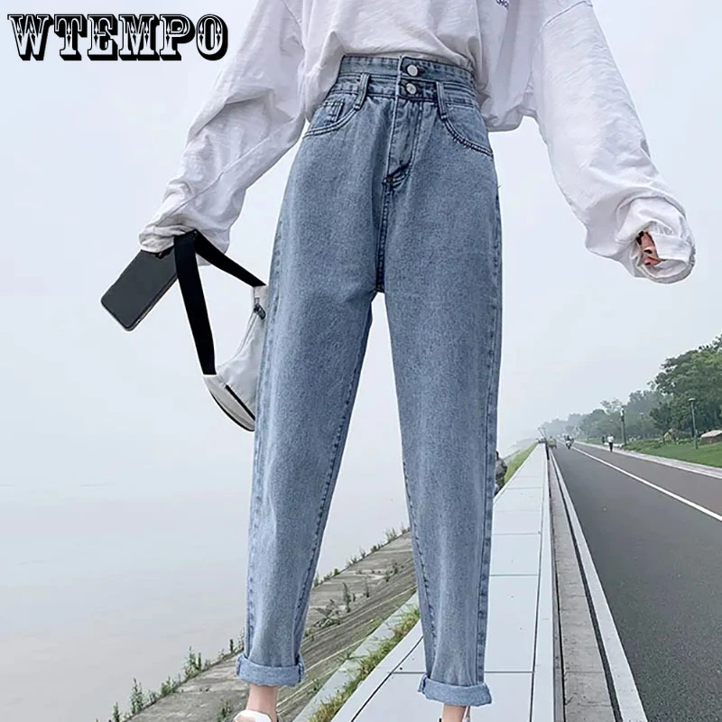 Pantalones vaqueros de cintura alta para mujer, pantalón de Color con cintura elástica, estilo Harem| | -