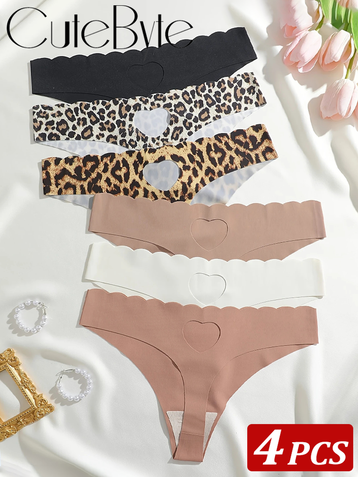 4Pcs/Set Women's Seamless Hollow Heart Thongs Summer Soft Panties Woman Fashion Intimate Underwear Hip-covering Breathable Sexy