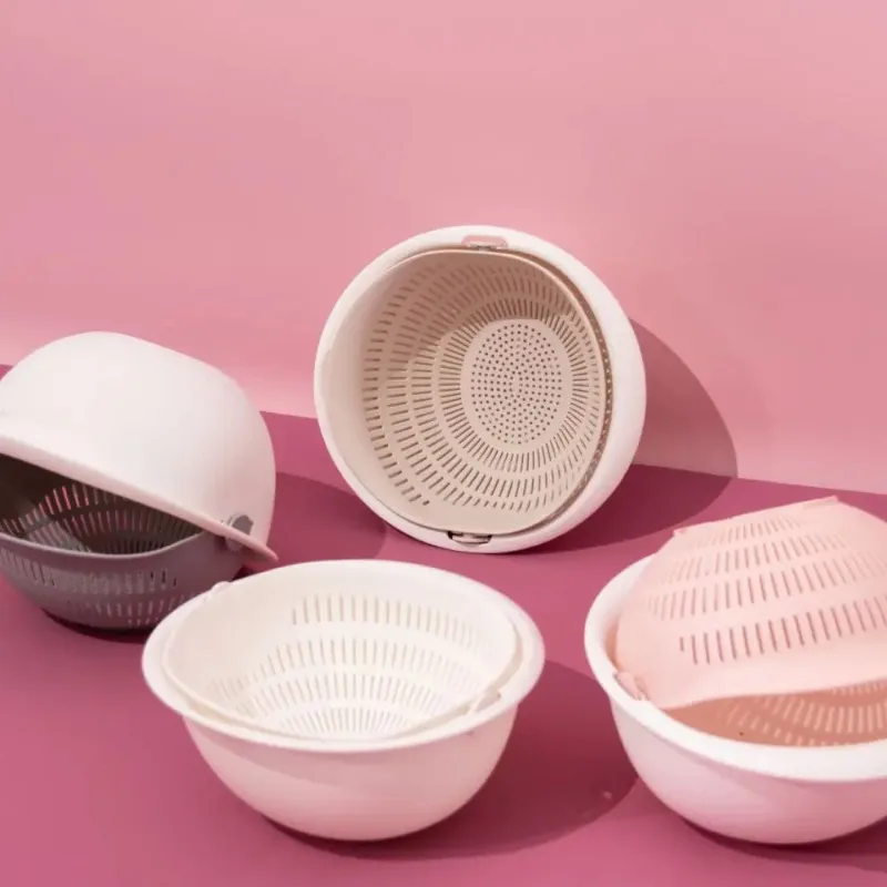 Kitchen Rotatable Double Drain Basket Fruits Vegetables Washing Storage Basket Strainers Bowl Cleaning Filter Colander Tool