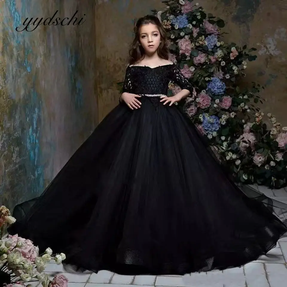 

2022 Black Off The Shoulder Flower Girl Dresses For Wedding Tulle Kids Pageant Prom Dress Elegant Ball Gown Vestidos De Novia