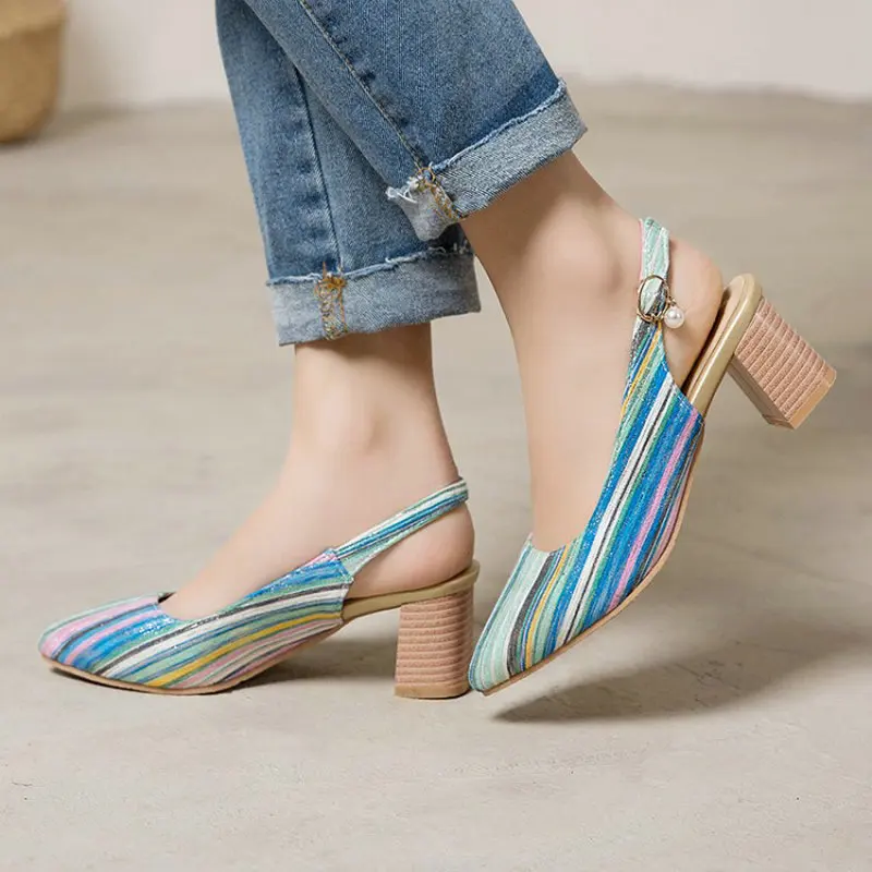 

QPLYXCO Bohemian Closed Toe Colorful Striped Pattern Woman Summer Shoes Slingback Chunky Heels Sandals Women Size 33-48