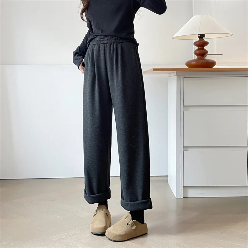 XXXXL Fashion Plus Size Women's Straight Leg Pants Autumn Winter Simple Casual rolled-up Cuffs Thickened Ankle-Length Bottoms