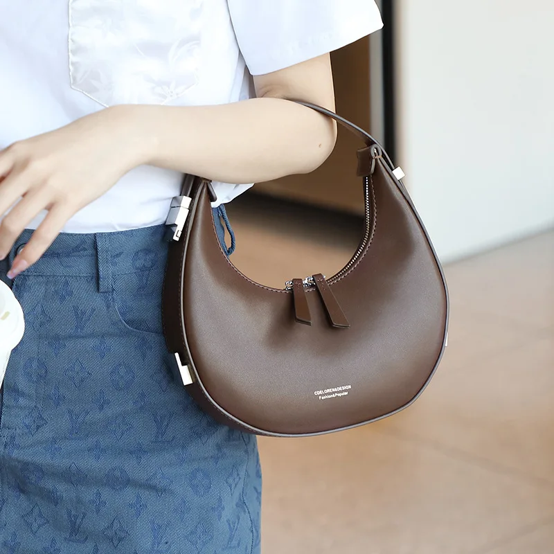 

2024 New Korean Minority Cowhide Crescent Bag Armpit Half Circle Moon Single Shoulder Leather Woman