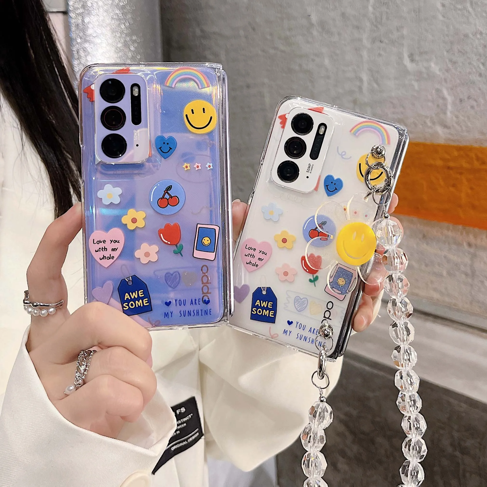 Per Oppo Find N2 Case Clear Hard Pc Plastic Full Protection Cover Per Telefono Capa Smiley N 2 5G Cartoon Rainbow Cherry Conque