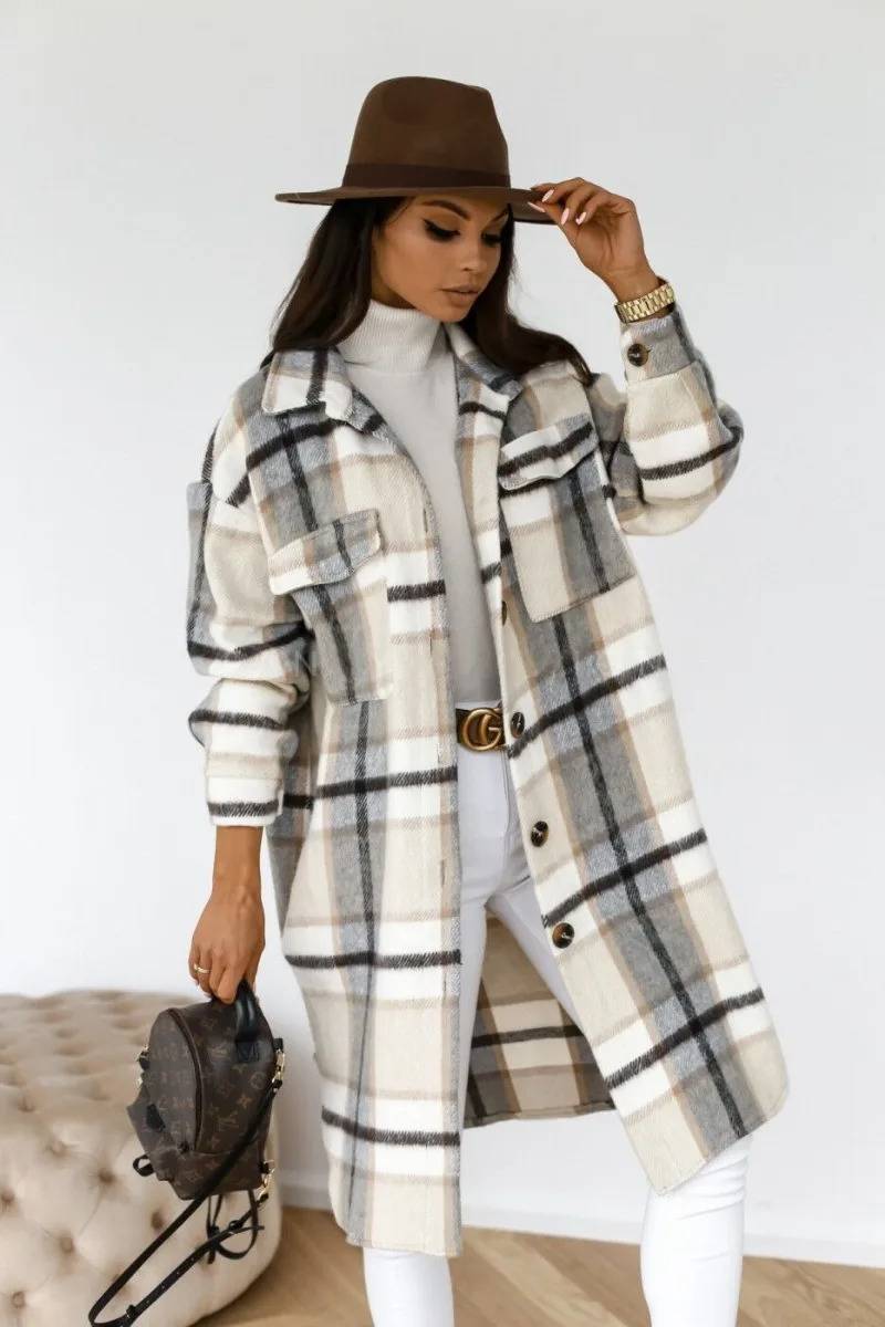 Women's New Sexy Fashion Vacation Style Casual Commuting Street Style Long Sleeved Plaid Printed Shirt Jacket