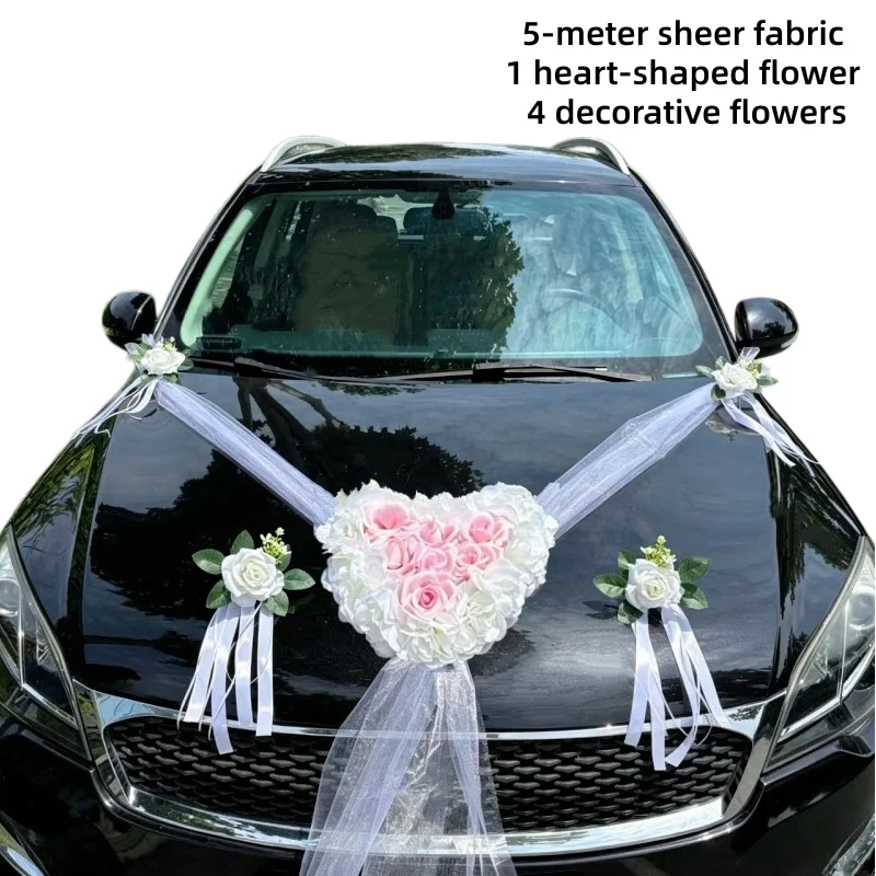 Elegant Heart-Shaped Wedding Car Floral Decoration Set with Faux Hydrangea Roses and Organza Ribbon