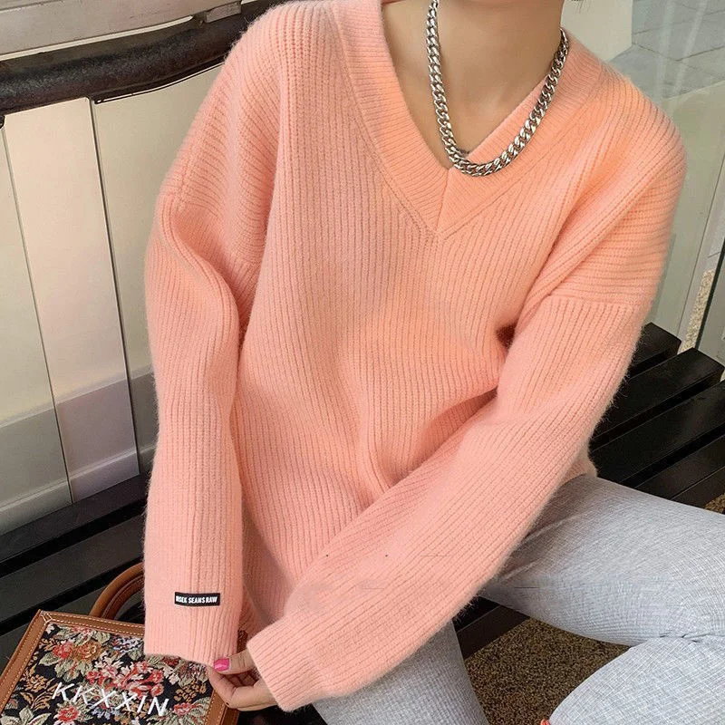 Autumn Winter New Thickened Warm V-Neck Sweater Women's Solid Color Loose Lazy Wind Thin Top  2021 brown sweater Sweaters