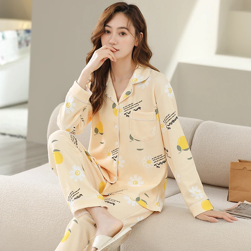 Spring Pajamas Women Fashion Faux Silk Sleepwear Sets Soft Smooth Clothes