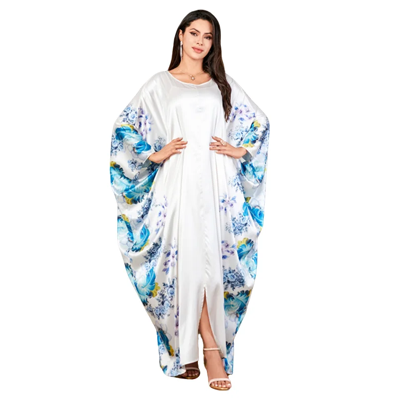 White Muslim Dress For Women Loose Turkey Woman Robe Batwing long Sleeve Dubai Pleated Casual Party Islamic Print Clothing