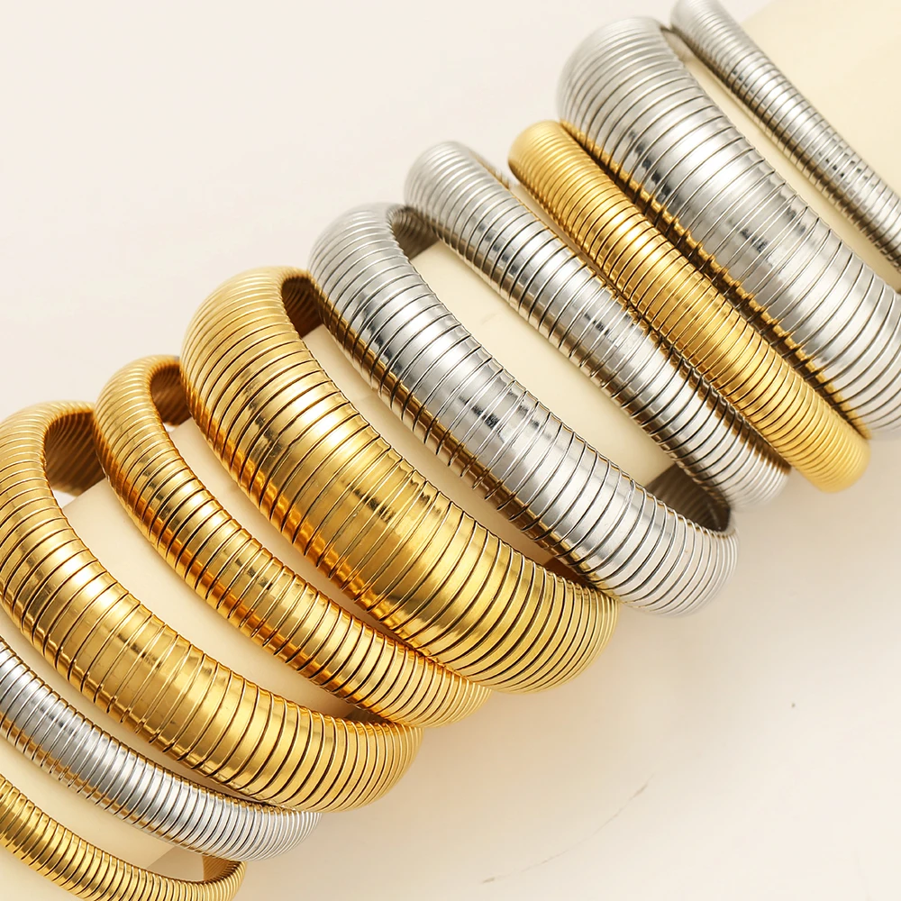 1pc 18k Gold Plated Stainless Steel Elasticity Polish Thick Bracelet Trendy Hip-Hop Metal Bangle Unisex Jewelry Gifts 60mm 2