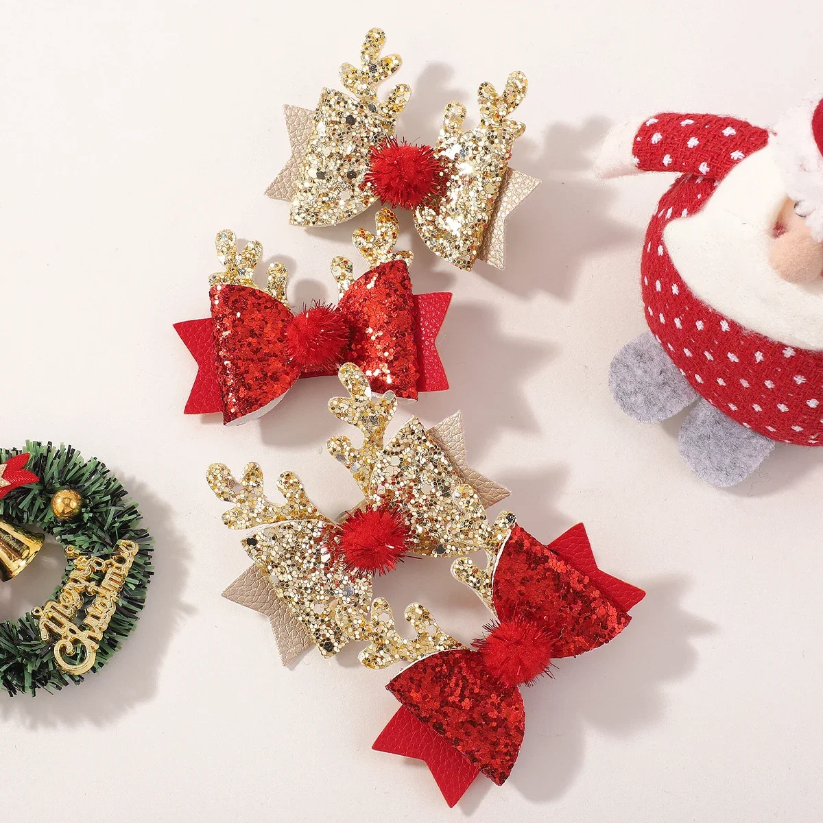 2Pcs/set Red Sparkling Bow Hair Clip Exquisite Christmas Deer Lucky Hairpin for Girls Ponytail Headwear Sweet Headclip