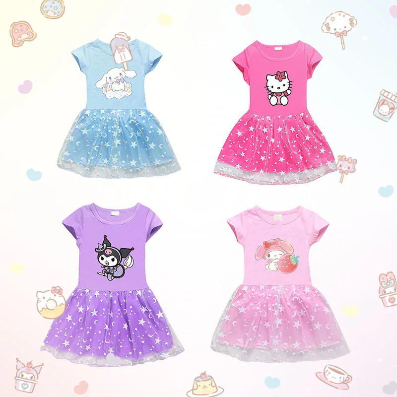 

Anime Sanrios Hello Kittys Girls Dress Kawaii Cinnamoroll Child Cartoon Mesh Skirt Short Sleeve Dress Cute Princess Dress Gift