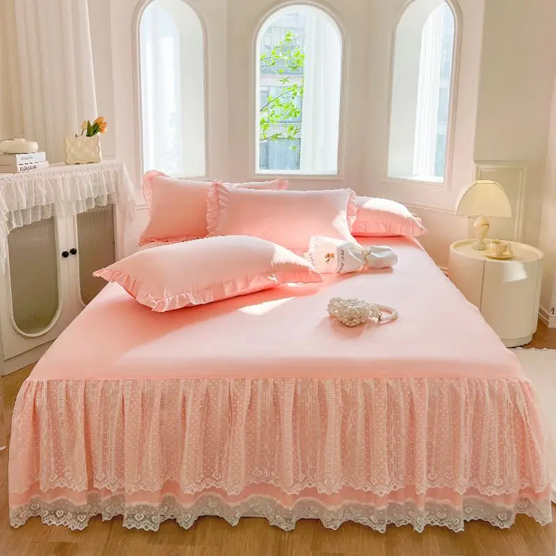 Elegant Lace Bed Sheet Skirt Queen/King Size Girls Bed Cover Solid Color Bedspread Non-slip Mattress Cover Pillowcase Need Order 2