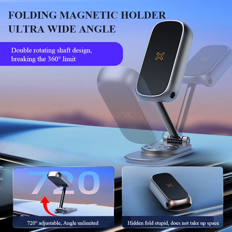Car Tablet Phone Holder Magnetic Car Mount All-Metal Strongest Magnet Foldable Phone Holder for Car Dashboard Tesla Phone Mount For iPhone