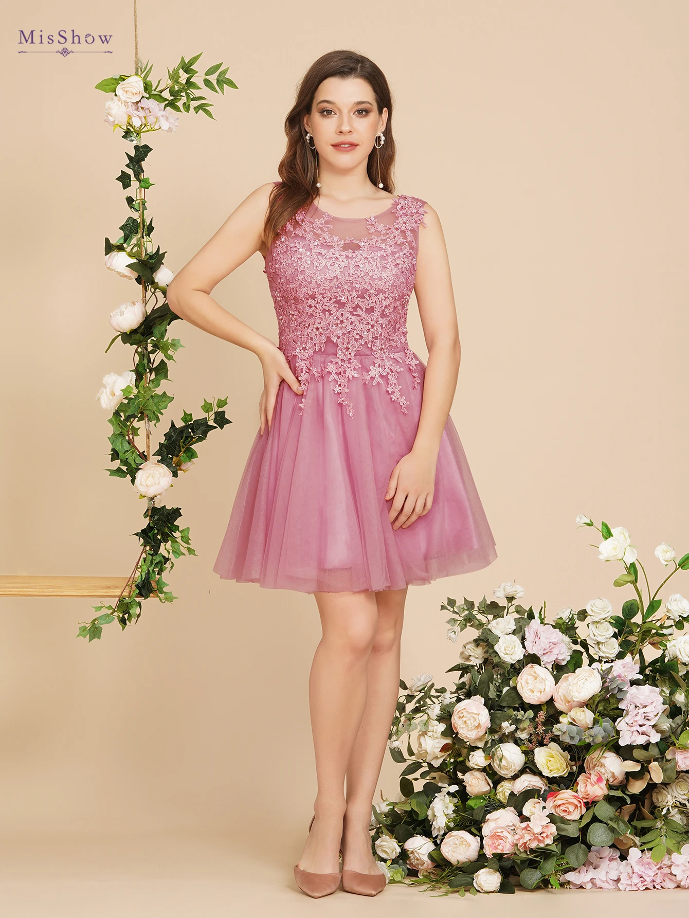 Dusty Pink A Line Short Cocktail Dreses Tulle Appliques Scoop Neck Graduation Homecoming Evening Formal Prom Party Gown Vestido