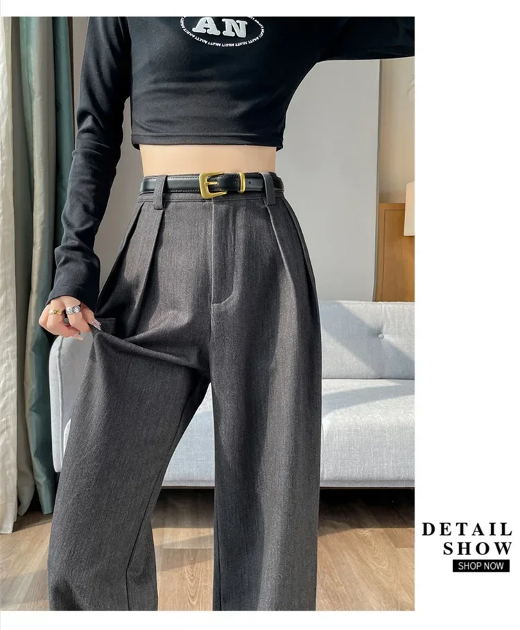 Y2k Korean Autumn High Waist Simple  Suit Pants with Belt Solid Color Straight Casual Fashion Slim Women Trousers  Wide Leg
