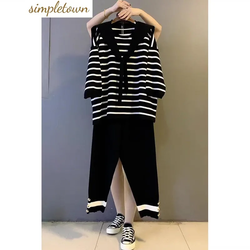 Large Women's 2023 Spring/Summer New Casual Stripe T-shirt Pants Two Piece Set Loose and Versatile to Show Slim Weight