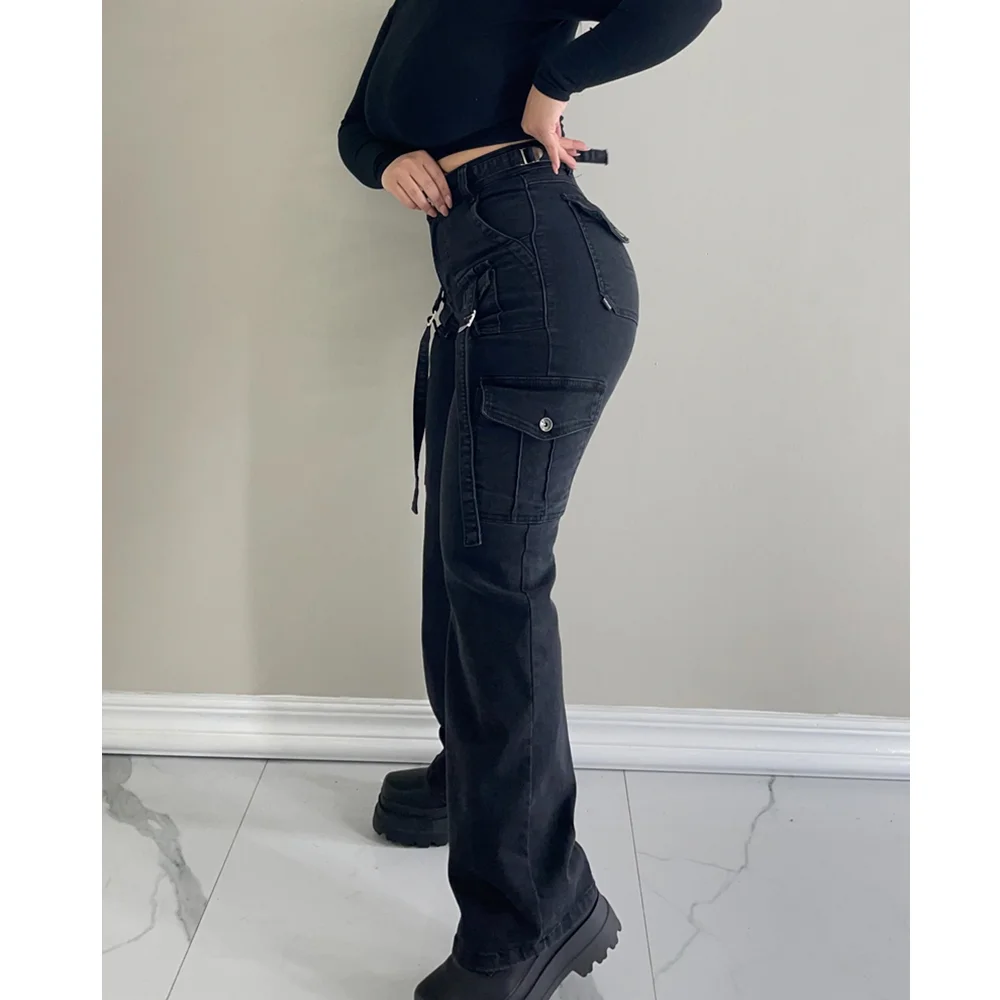 Women Straight Cargo Jeans Women's Streetwear Stretchy High Waisted Jeans Unique Multi-Pocket Female Trousers Pocket Design 6