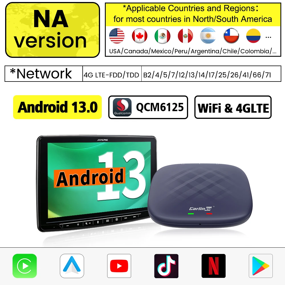 Adaptador CarlinKit Wireless Auto E CarPlay, Android 13, AI Video.