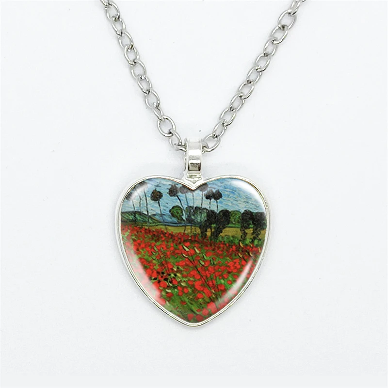 Fashion Van Gogh Art Starry Night Sunflower Necklace Glass Cabochon Painting Heart Pendant Printed Photo Necklaces 4