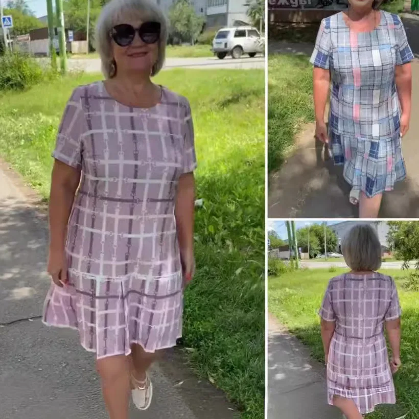 

Casual Elegant Women's Dress New Fashion Summer 2024 Commuter Plaid Round Neck Short Sleeve Loose Medium and Long A-shaped Dress