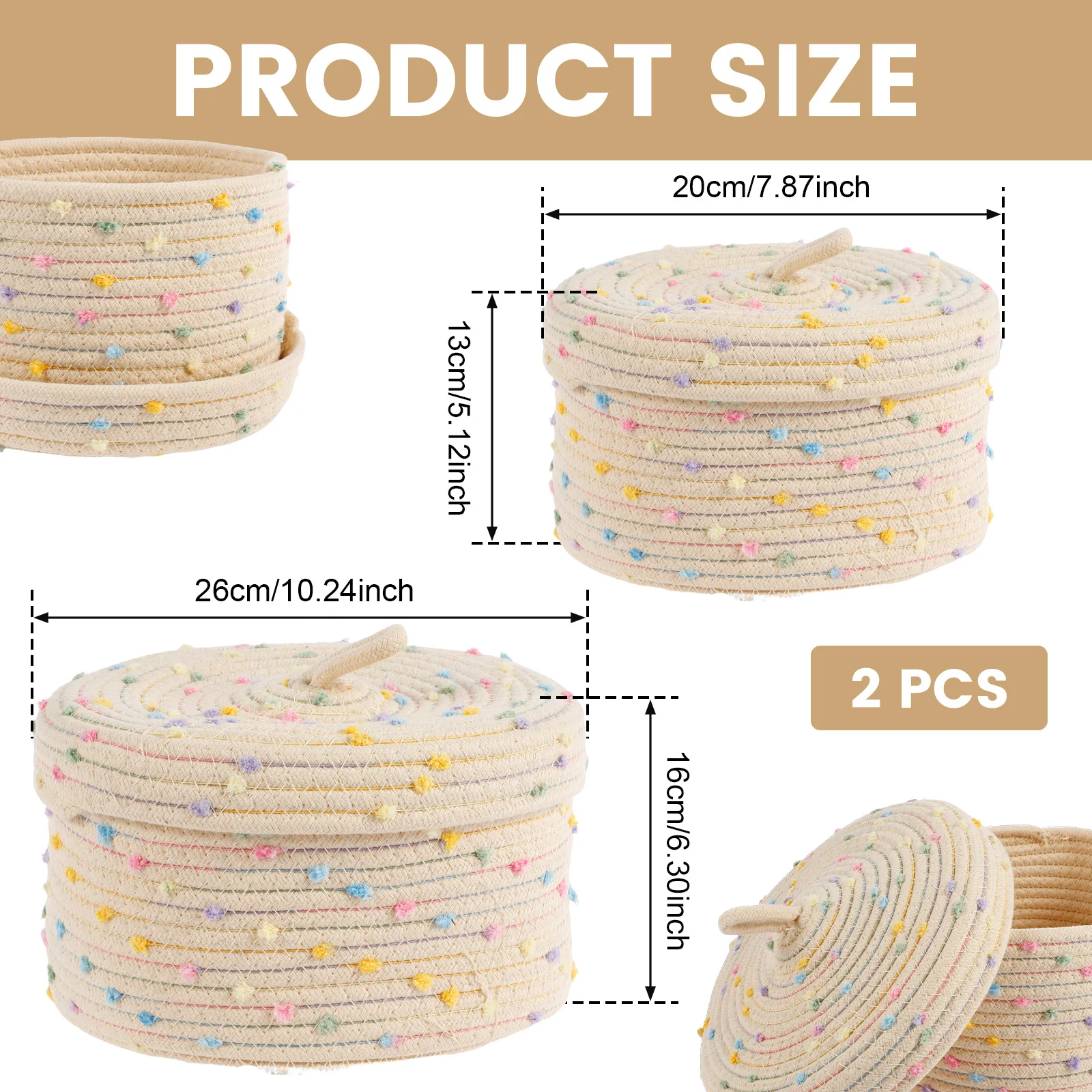 2Pcs Round Basket Cotton Rope Storage Basket with Lid Woven Multi-functional Storage Baskets Lidded Round Organizer Box for Home