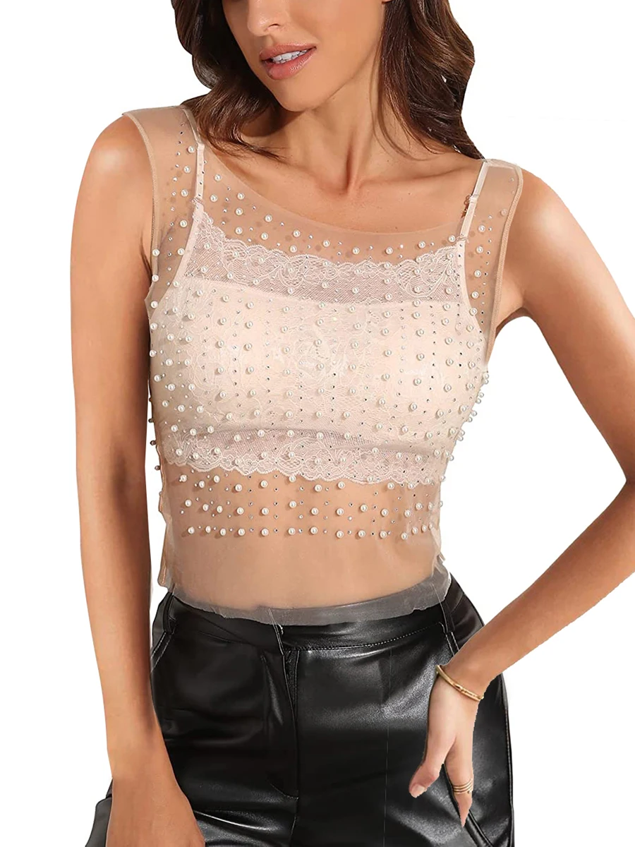 Ladies Sleeveless Crop Top Round Neck Lace Embellished Transparent Casual Party Wear Short Blouse for Summer Street Style
