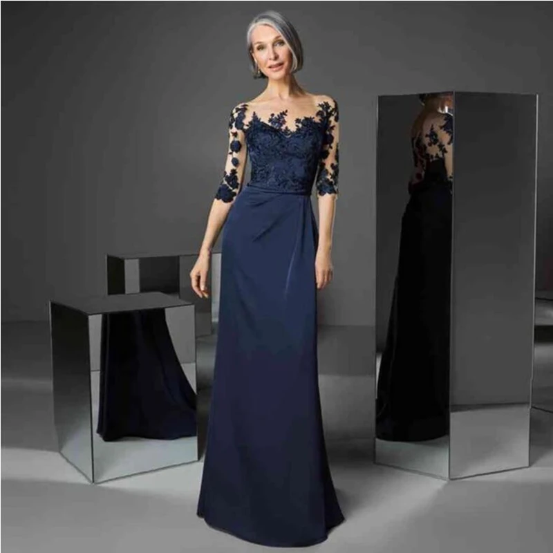 

Mother of the Bride Dress Chiffon Lace Applique Elegant Wedding Guest Gown Half Sleeves Floor Length Evening robe de soirée 2022