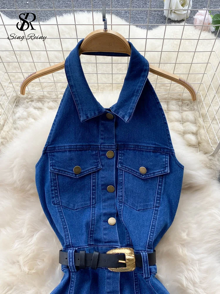 SINGREINY Backless Halter Dress Single Breasted Sashes Women