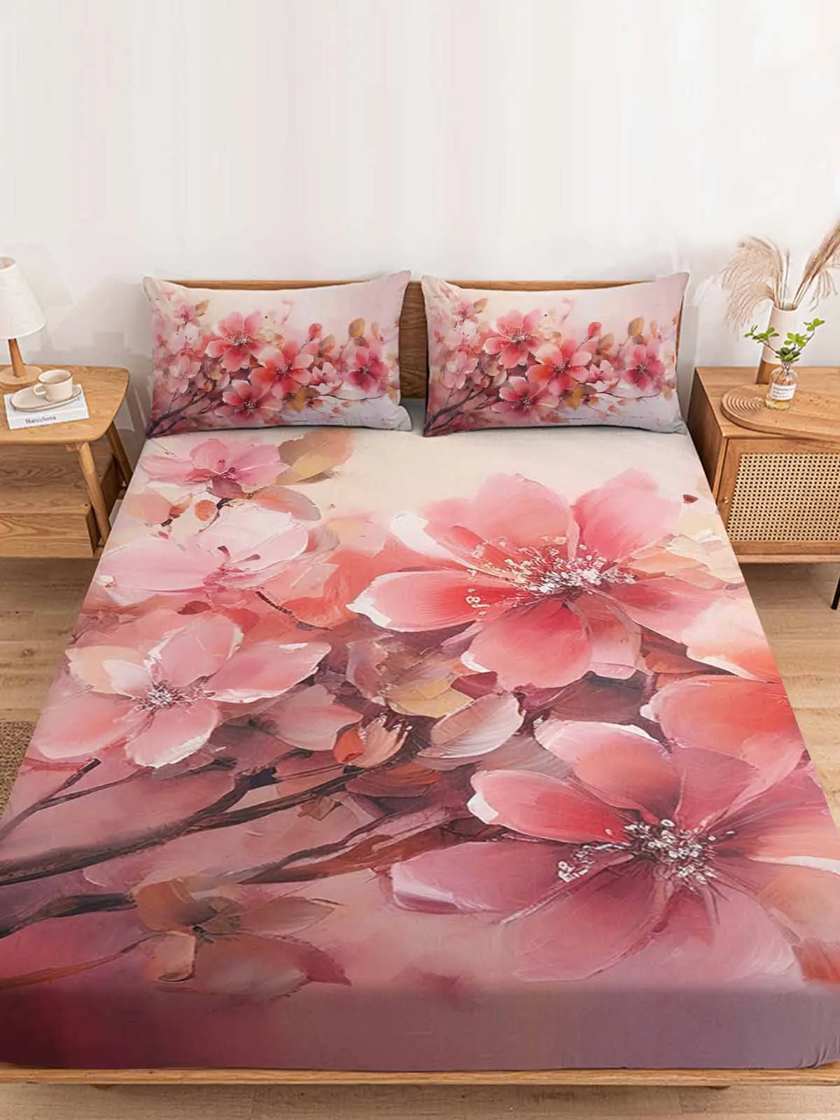 

Flower Leaf Bud Watercolor Polyester Fitted Sheet Mattress Cover Four Corners Elastic Band Bed Sheet With Pilllowcase