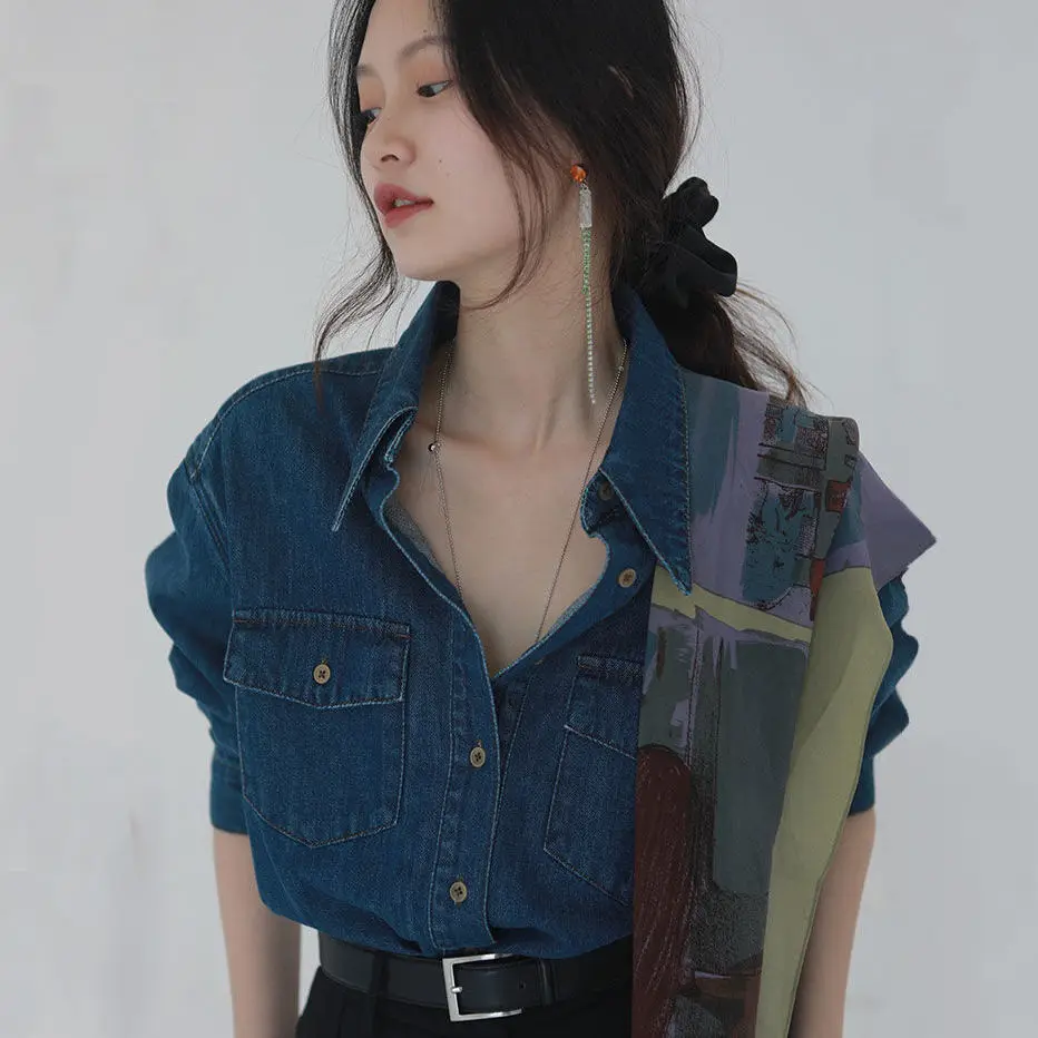

2022 Spring and Autumn New Denim Shirt Women Korean Version Loose Fashion All-match Long-sleeved Shirt Coat Tide Women Jacket