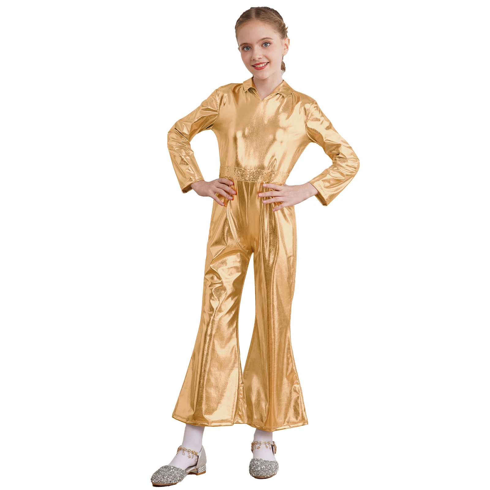Boys Girls Retro Disco Dance Costume Party Stage Performance Metallic Shiny Long Sleeve Bell-Bottomed Bodysuit Jumpsuit for Kids