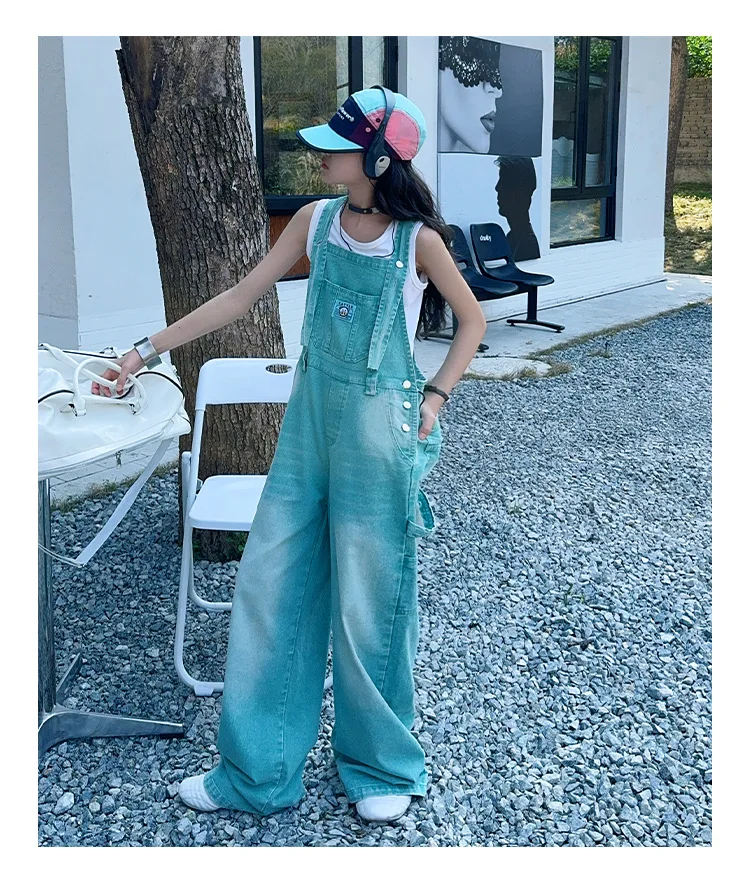 summer teen girls water washed punk wide leg jumpsuit junior kids loose slimming casual Cowboy overalls 4-14 child ropa trousers