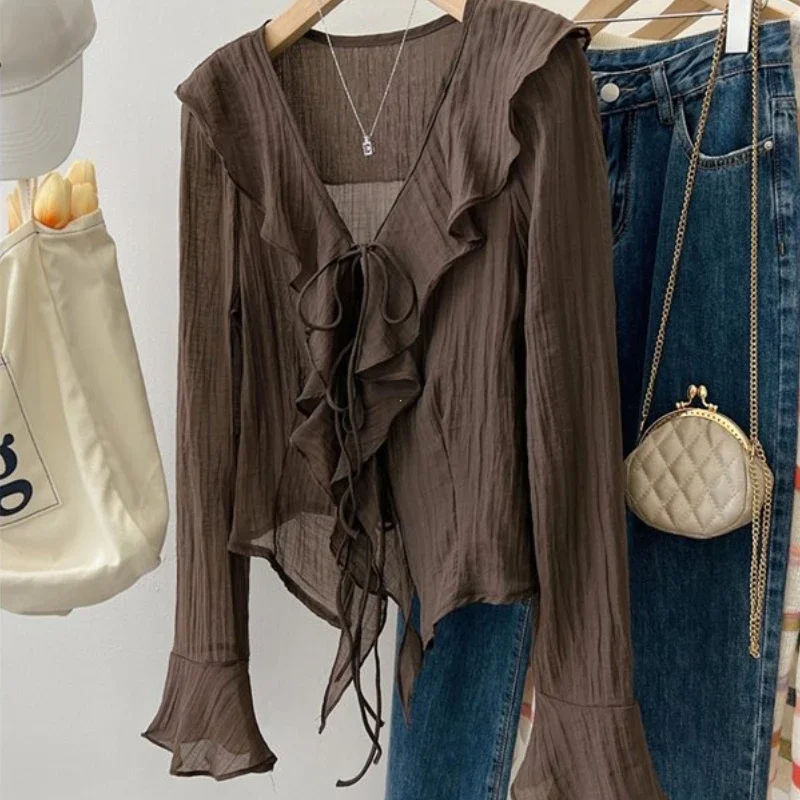 Blouses for Women Chemise Femme Women's Ruffled Flared Shirts Blusas Femininas Elegantes Tops Vintage Spring Shirt Thin Coat