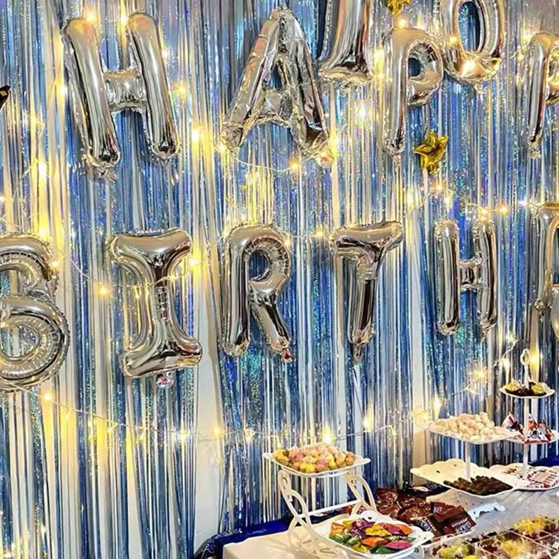 Glitter Metallic Foil Tinsel Curtain Backdrop 2M For Birthday Wedding Bridal Shower Bachelorette Party Decor Adult Anniversary