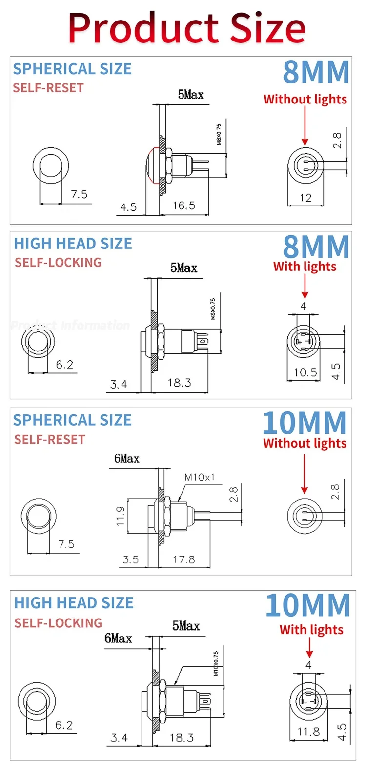 Description Picture 2 of item12/16/19/22mm Waterproof Metal Button High Flat head Switch LED Light Momentary Latching 12V 24V 220V Red Blue Green Yellow Whi