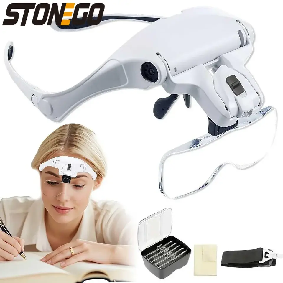 Head Mounted Magnifier with LED Light 5 Interchangeable Lenses 10X to 35X Adjustable Headband for Comfort image 1