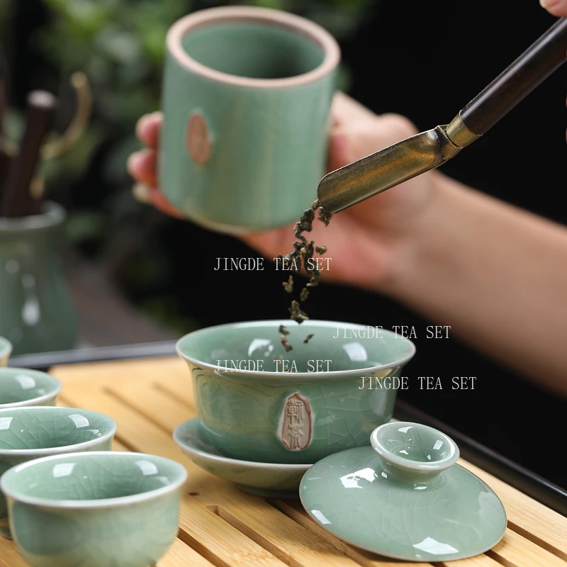 Ge Kiln Kung Fu Teapot Household Sliced Ceramic Tea Maker Chinese Style Large Capacity Solid Color Lid Bowl Tea Tasting Cup