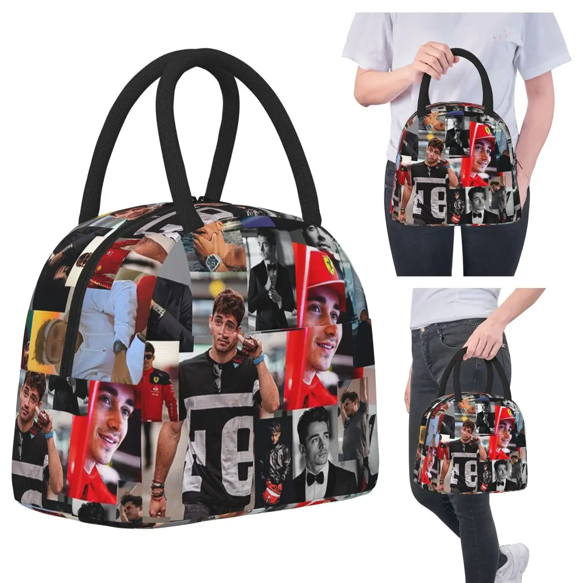 Charles Leclerc Monacan Motorsports 레이싱 드라이버 콜라주 절연 점심 가방 여성 열 식품 상자 토트 휴대용 도시락 상자