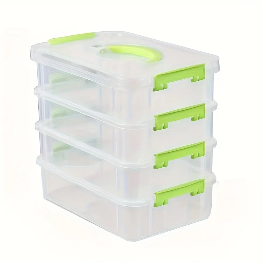 Organizzatore di Stoccaggio in Plastica a 4 Livelli Impilabile con Maniglia Portatile, Contenitore Salvaspazio per Gadget Domestici, Ufficio - immagine 4
