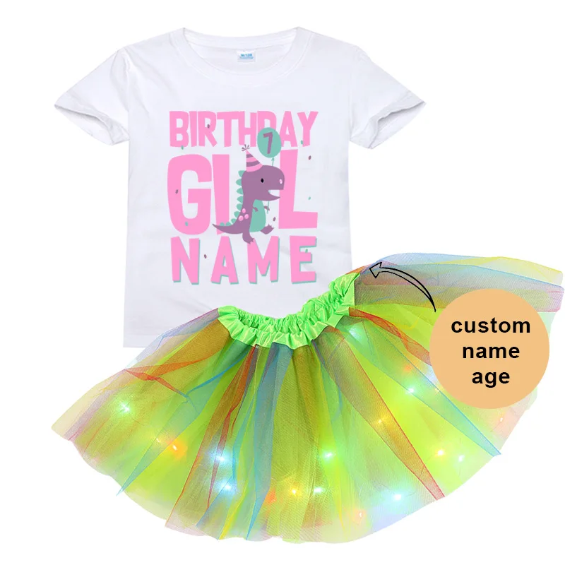 

2023 Birthday Princess Party T Shirt Dinosaur Set Girl Birthday Outfits Tutu Princess Set Dress+T Shirt 2-9 Years Luminous Skirt