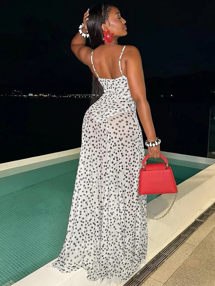 Nibber Polka Dots Print Maxi Dress Women Sexy See Through Low-Neck Sleeveless Backless Summer Holiday Ruched Vacation Outfits