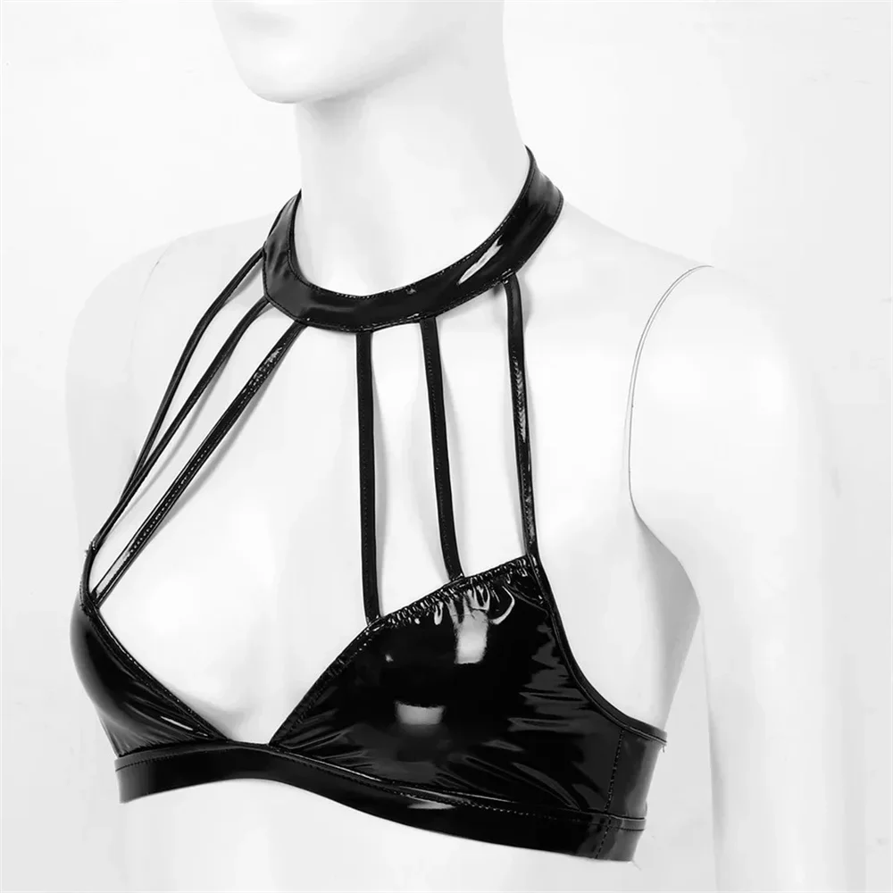 Women Wet Look Patent Leather Bras Sexy Wire-Free No Pad Bra Tops Erotic Halter Backless Bralette Cutout Bustier Corset Clubwear