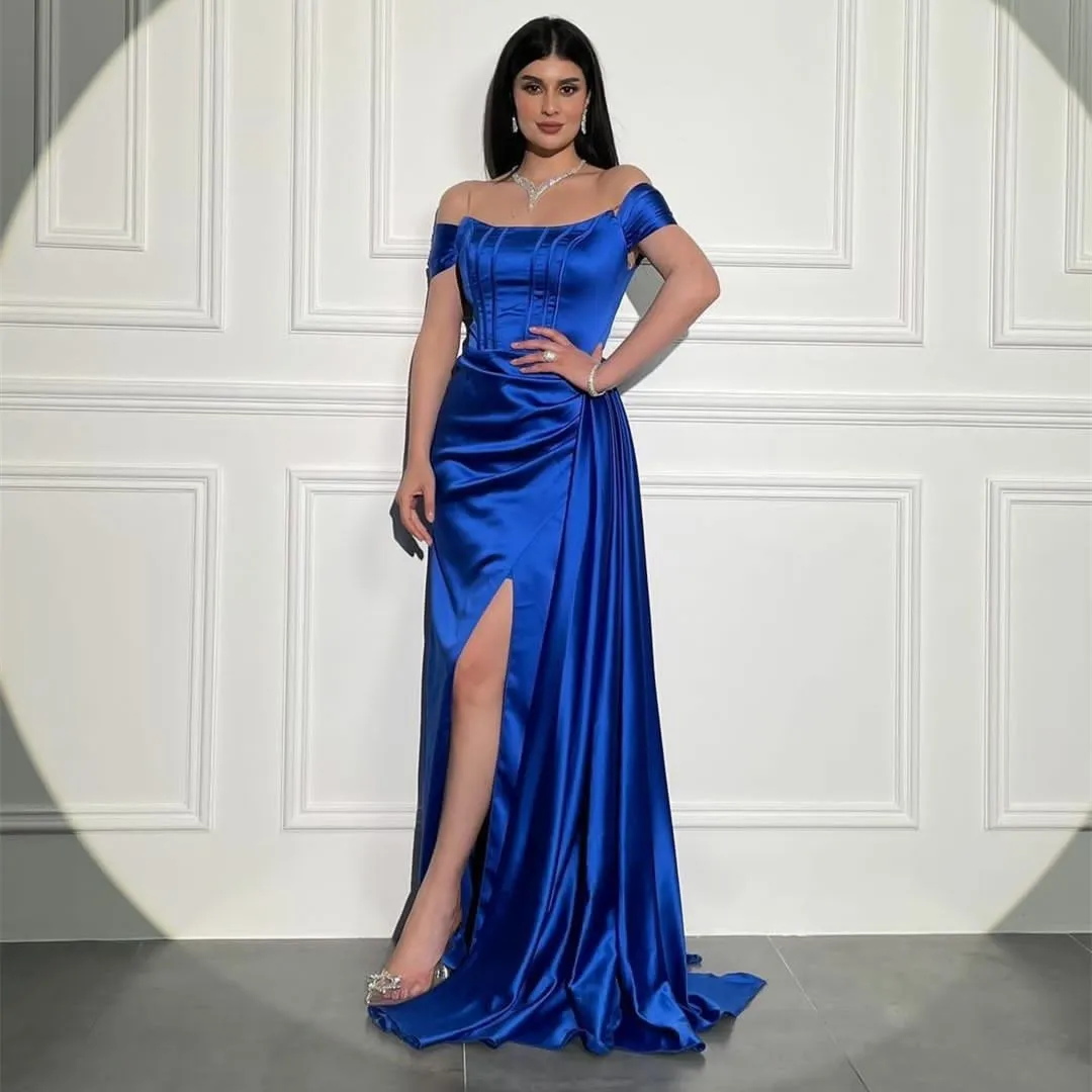 

Elegant Long Satin Evening Dresses With Slit Muslim فساتين السهرة Mermaid Pleat Floor Length Prom Dress Robe de soirée for Women