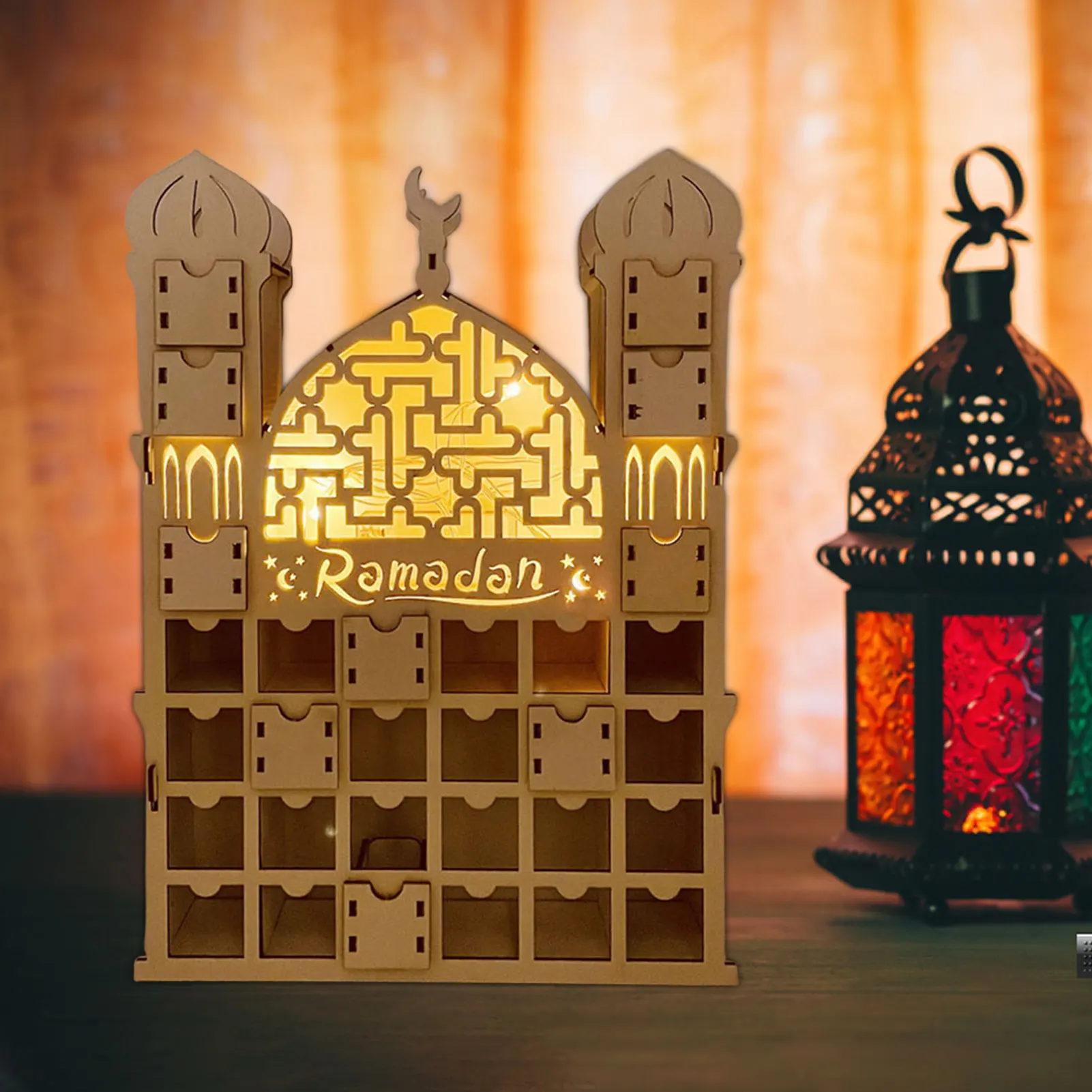 Wooden Ramadan Calendar to Personalize With Golden Bag, Eid